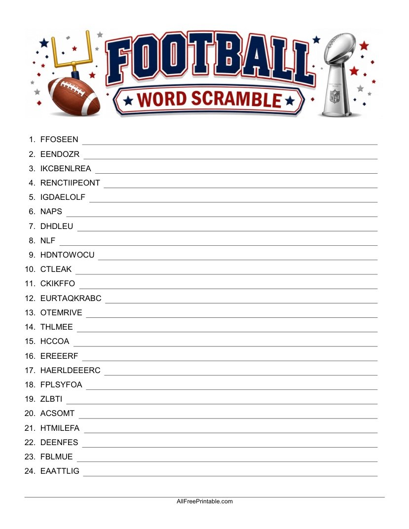 Free Printable Football Word Scramble PDF