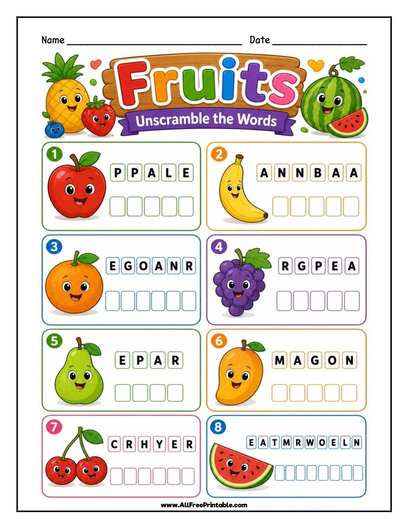 Free Printable Fruits Word Scramble Worksheet for Kids PDF