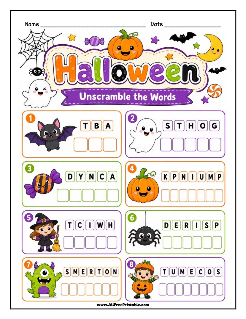 Free Printable Halloween Word Scramble Worksheet for Kids