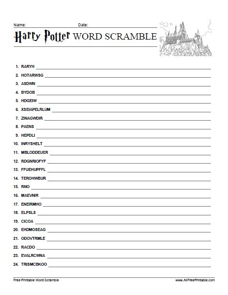Free Printable Harry Potter Word Scramble