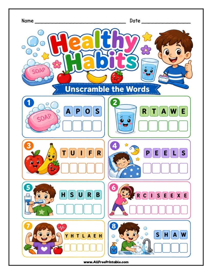 Free Printable Healthy Habits Word Scramble Worksheet for Kids PDF