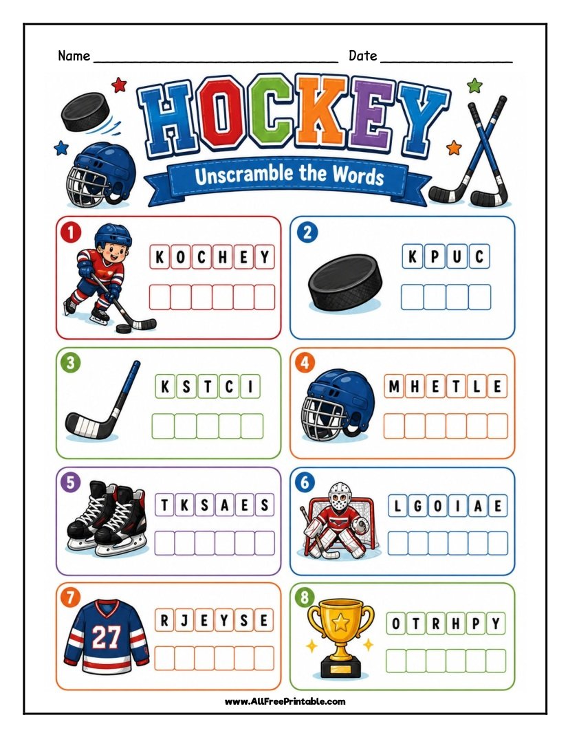 Free Printable Hockey Word Scramble Worksheet for Kids PDF