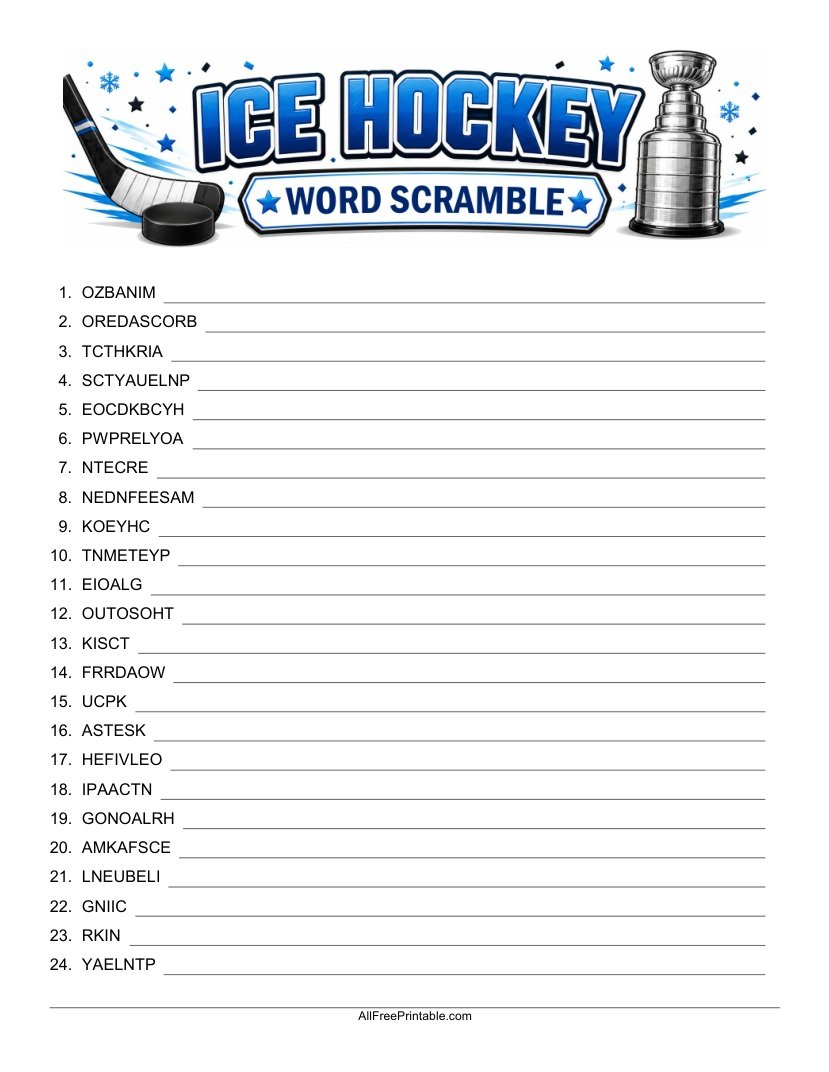 Free Printable Ice Hockey Word Scramble