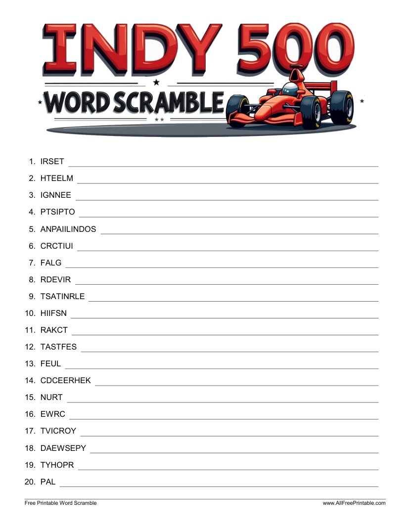 Free Printable Indy 500 Word Scramble PDF