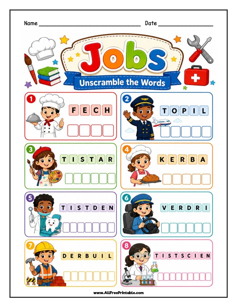 Free Printable Jobs Word Scramble Worksheet for Kids PDF