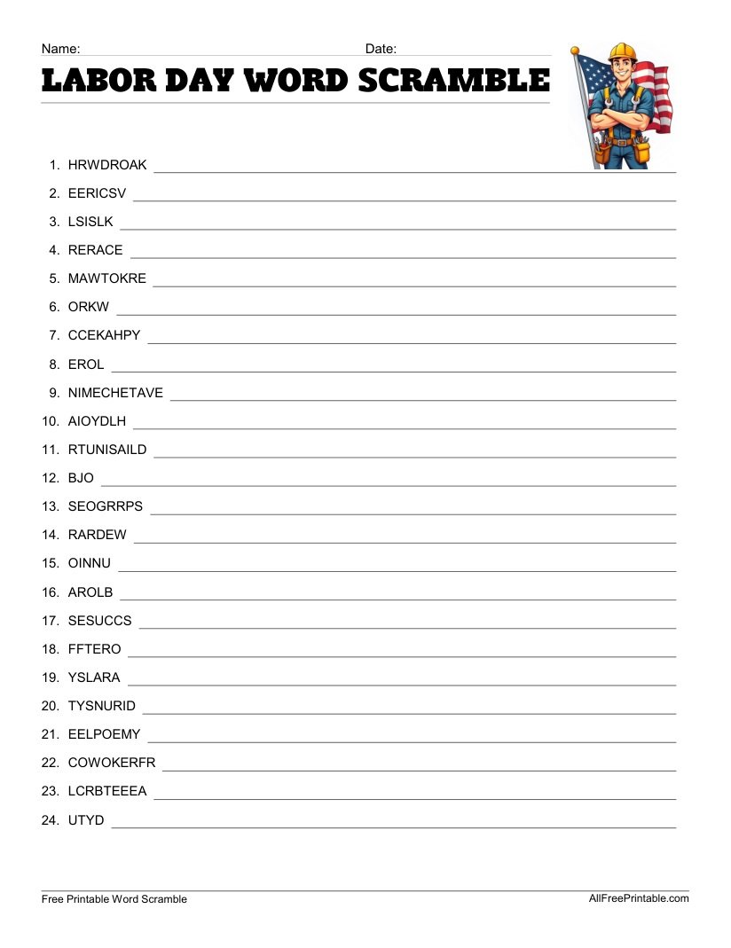 Free Printable Labor Day Word Scramble Free Printable Labor Day Word Scramble