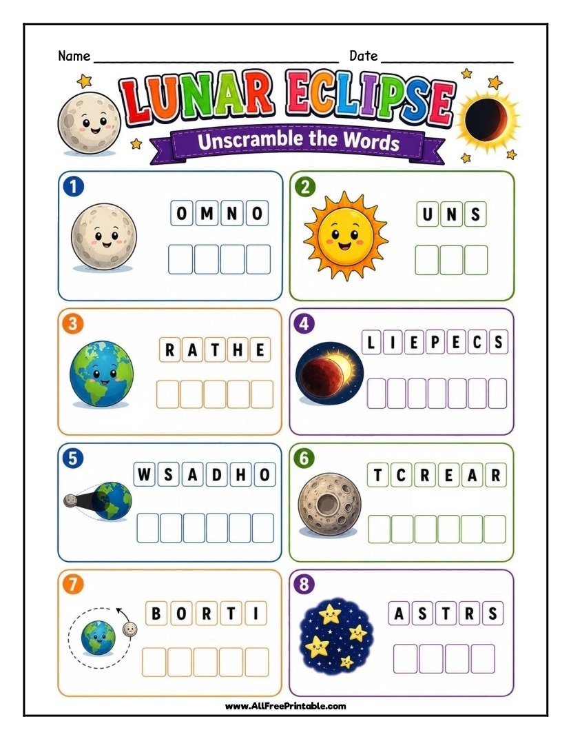 Free Printable Lunar Eclipse Word Scramble Worksheet for Kids PDF