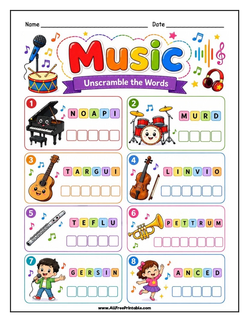 Free Printable Music Word Scramble Worksheet for Kids PDF