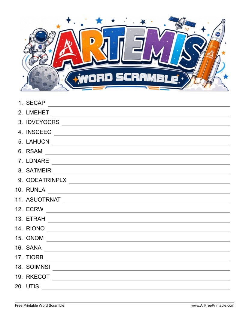 Free Printable NASA's Artemis Word Scramble PDF
