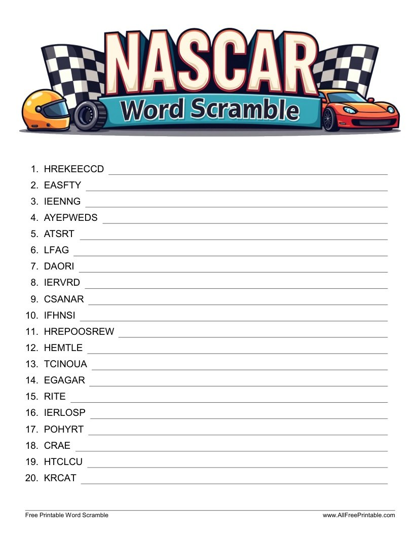 Free Printable NASCAR Word Scramble
