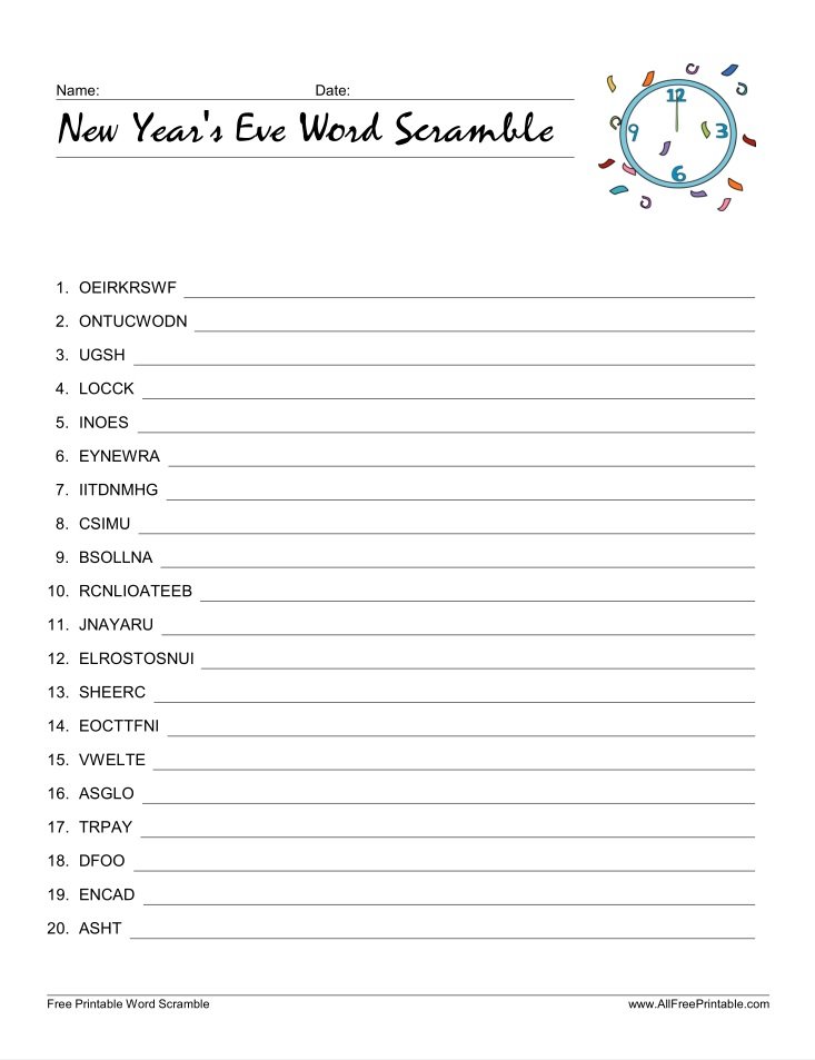 Free Printable New Year's Eve Word Scramble