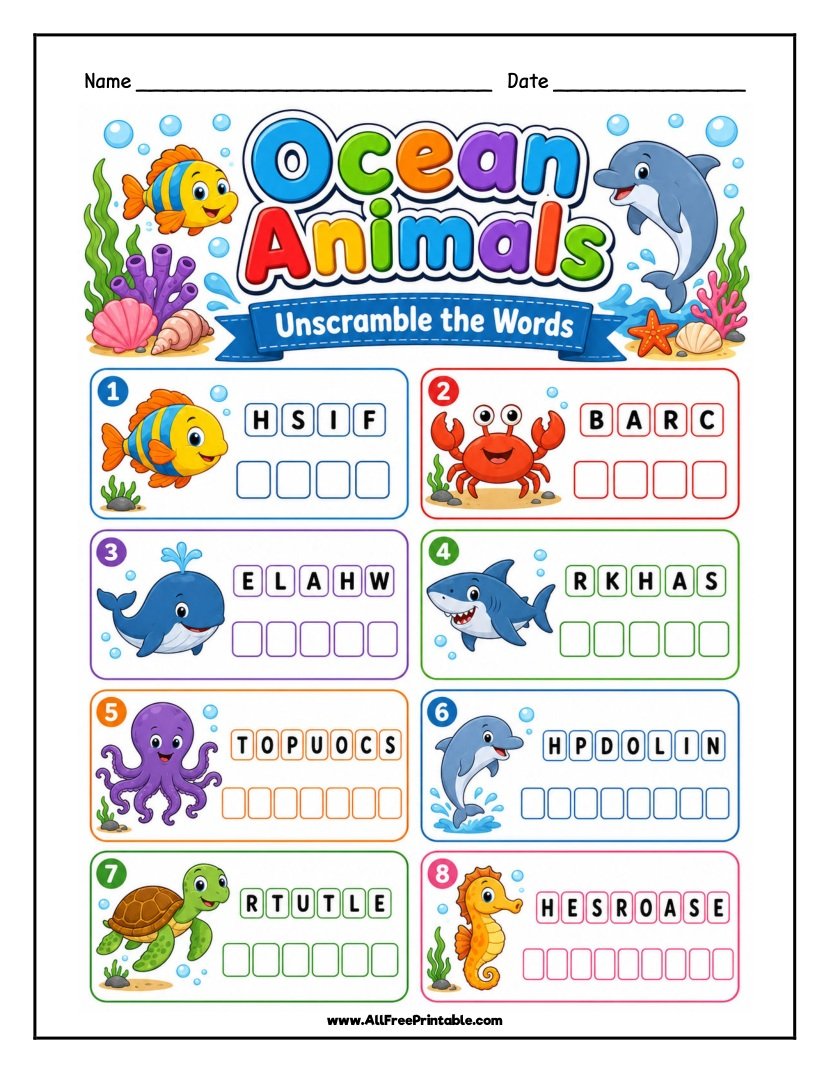 Free Printable Ocean Animals Word Scramble Worksheet for Kids PDF