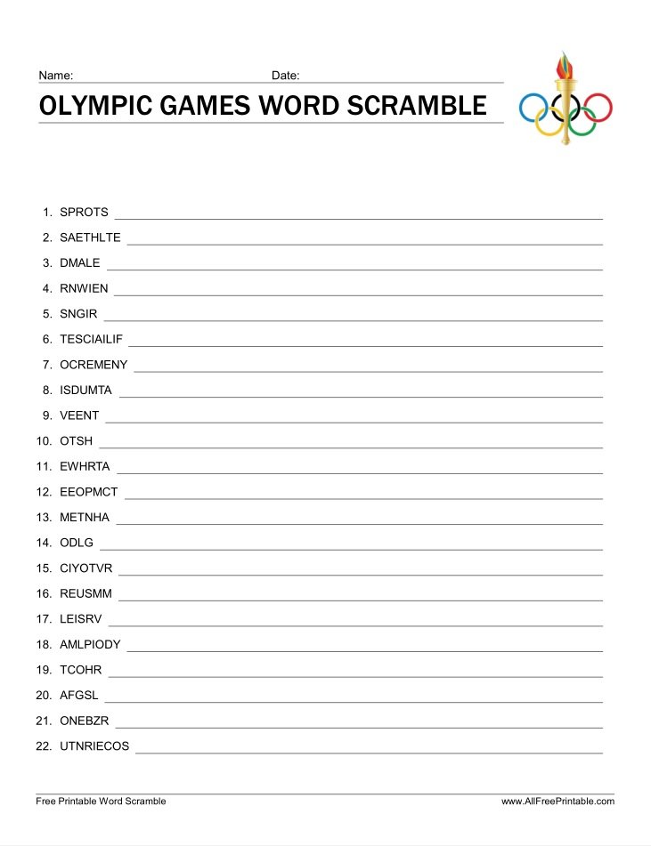 Free Printable Olympic Games Word Scramble