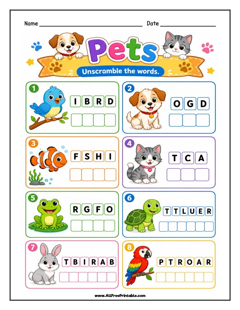 Free Printable Pets Word Scramble Worksheet for Kids PDF