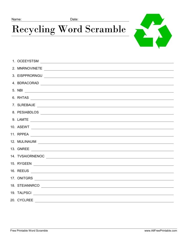 Free Printable Recycling Word Scramble