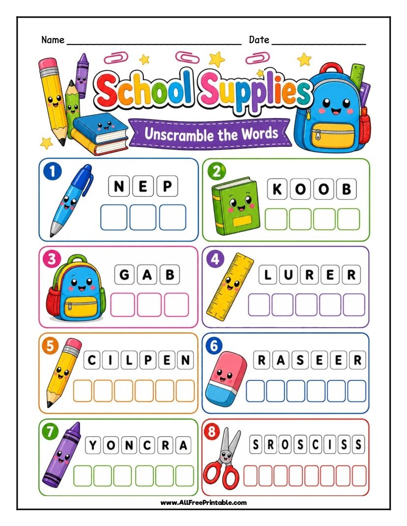 Free Printable School Supplies Word Scramble Worksheet for Kids PDF Free Printable School Supplies Word Scramble Worksheet for Kids PDF