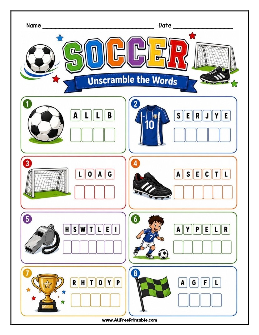 Free Printable Soccer Word Scramble Worksheet for Kids PDF