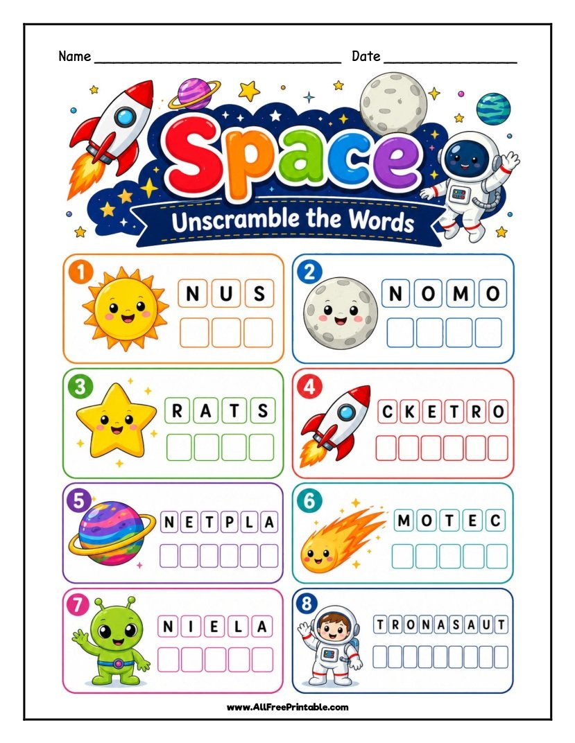 Free Printable Space Word Scramble Worksheet for Kids PDF