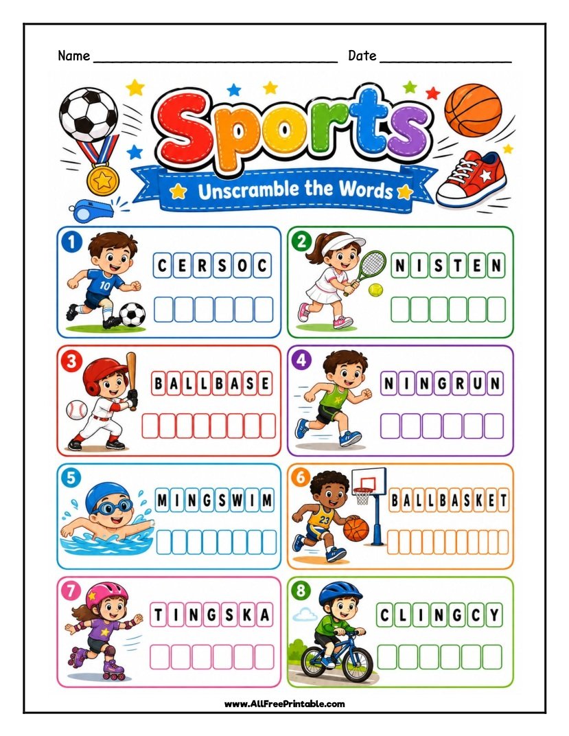 Free Printable Sports Word Scramble Worksheet for Kids PDF