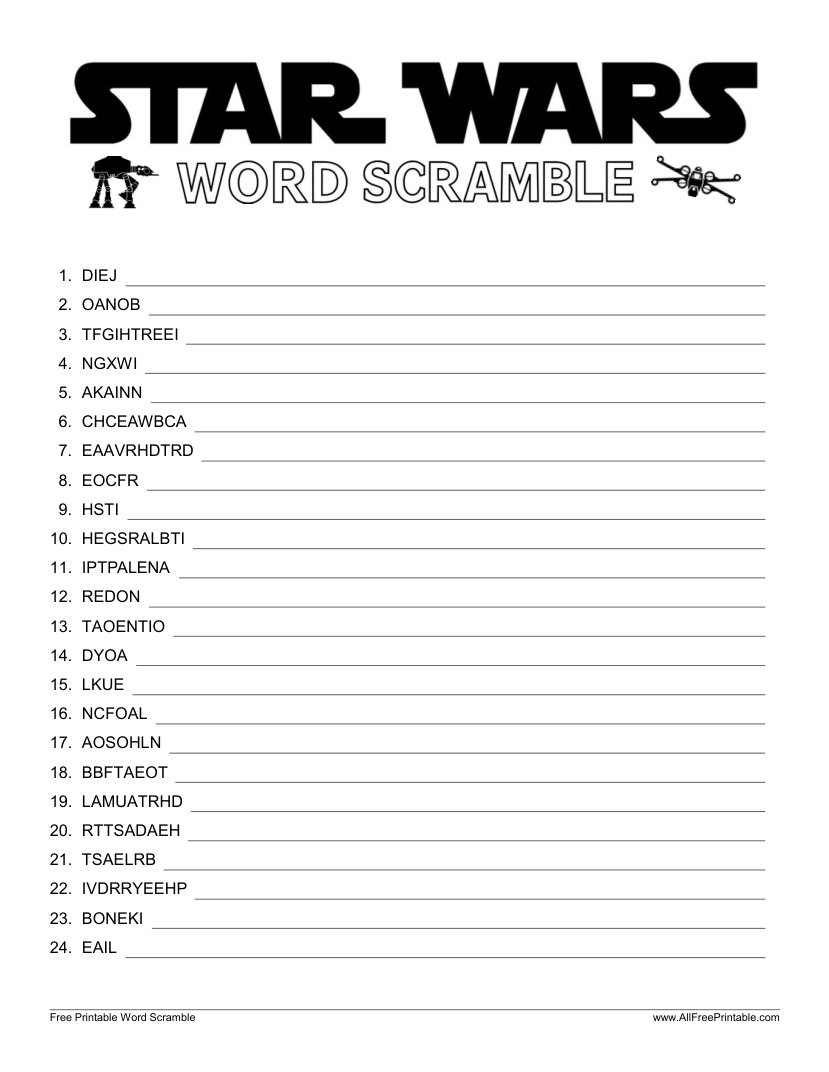 Free Printable Star Wars Day Word Scramble PDF