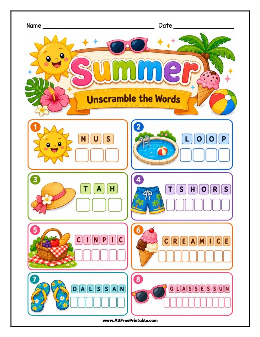 Free Printable Summer Word Scramble Worksheet for Kids PDF