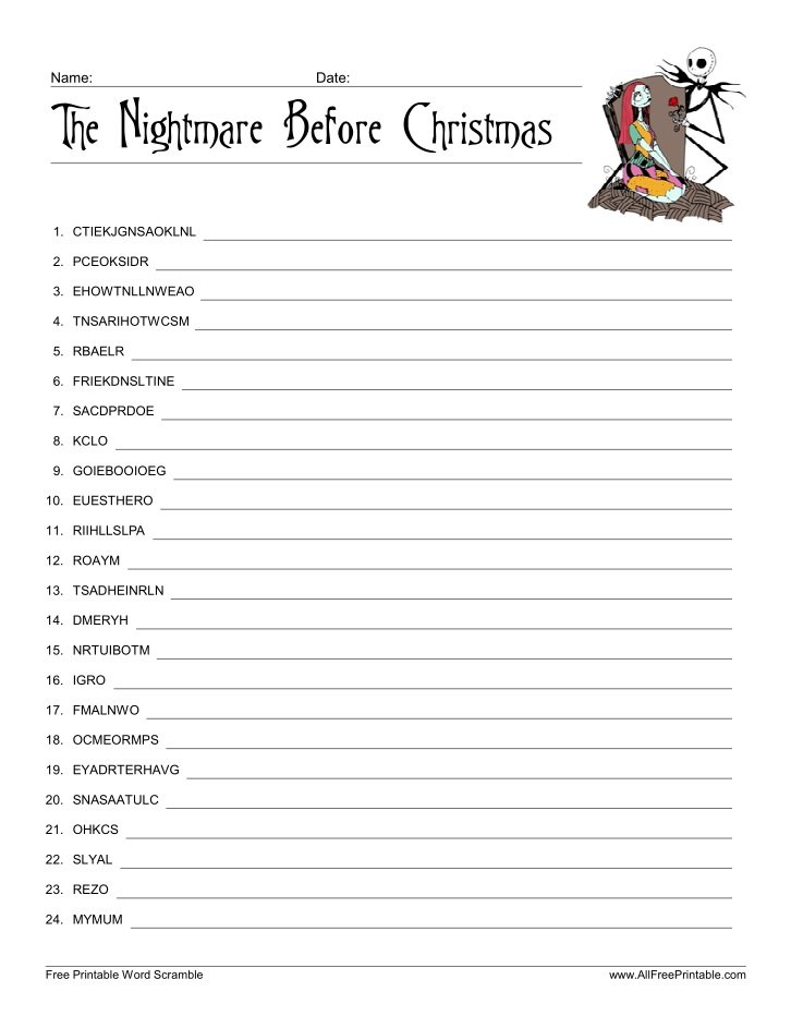 Free Printable The Nightmare Before Christmas Word Scramble