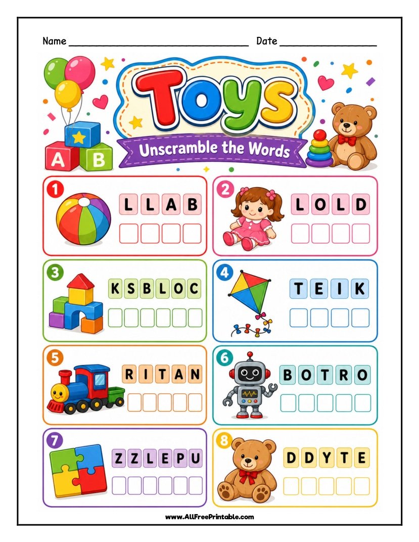 Free Printable Toys Word Scramble Worksheet for Kids PDF