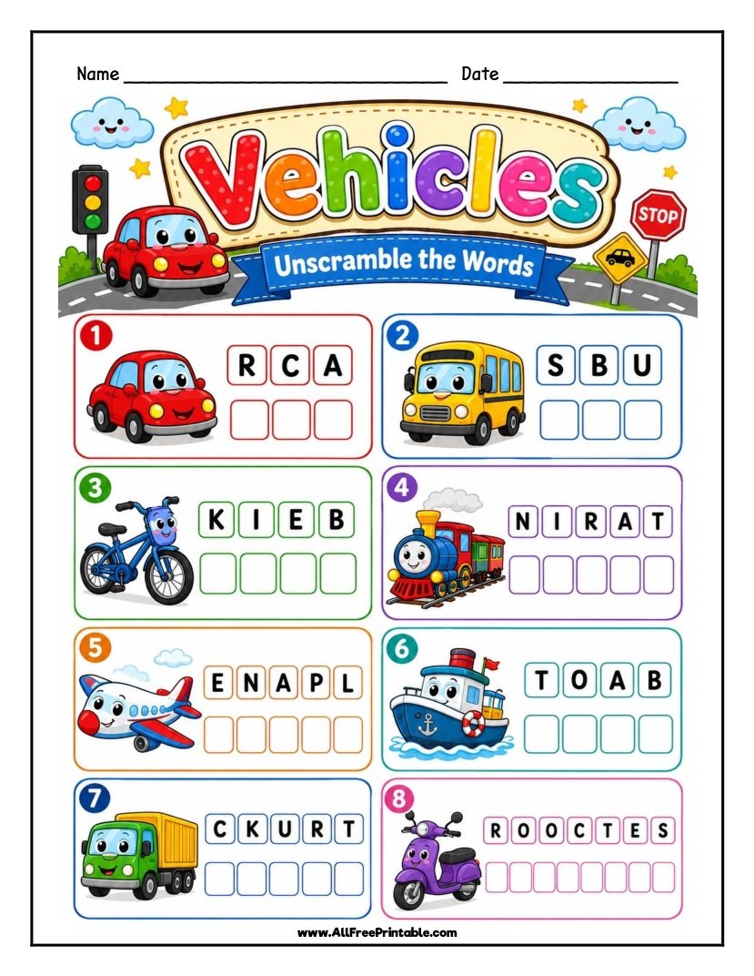 Free Printable Vehicles Word Scramble Worksheet for Kids PDF