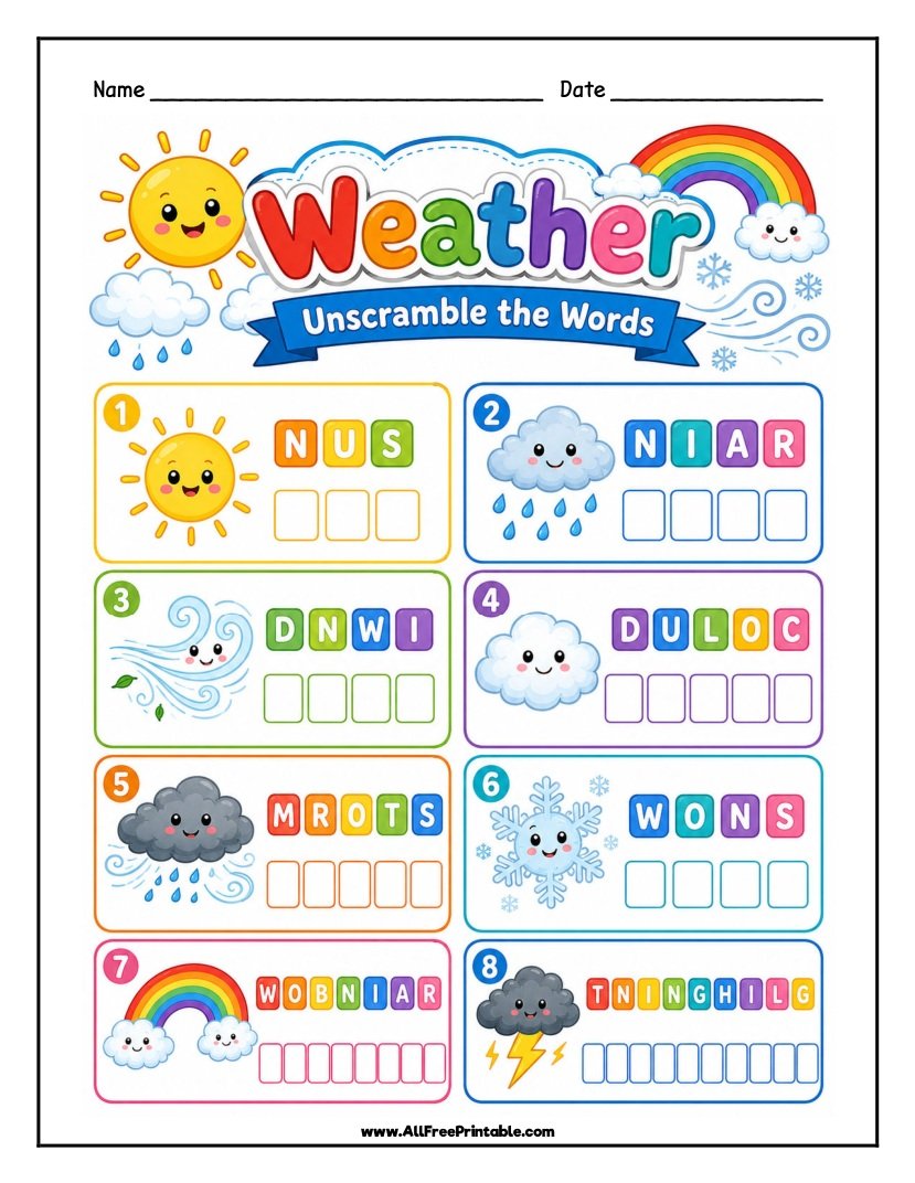 Free Printable Weather Word Scramble Worksheet for Kids PDF