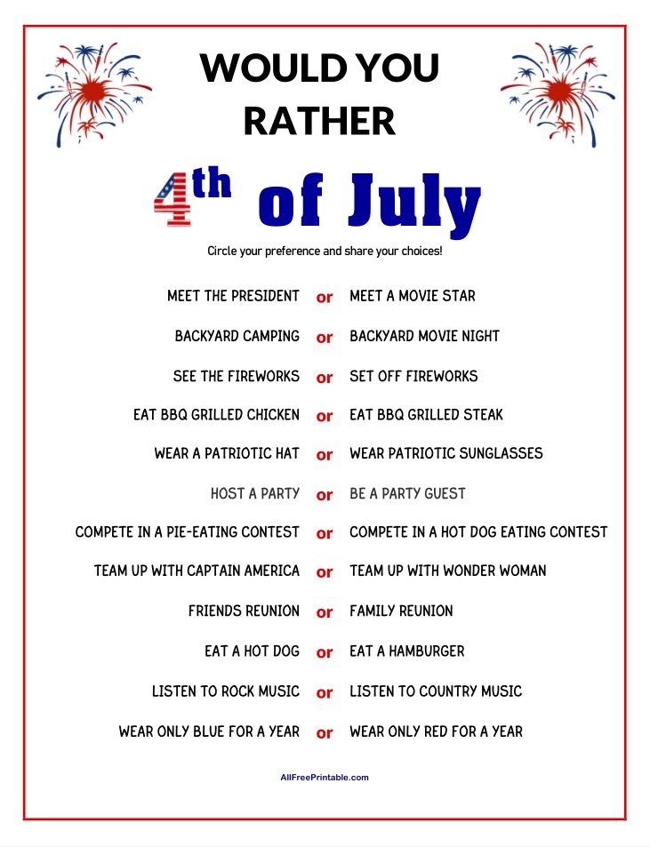 Free Printable Would You Rather 4th of July Game