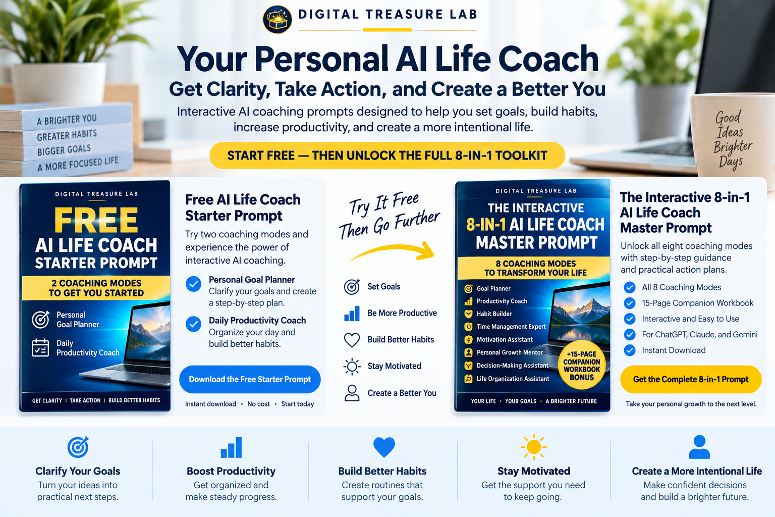Free AI Life Coach Starter Prompt with Personal Goal Planner and Daily Productivity Coach