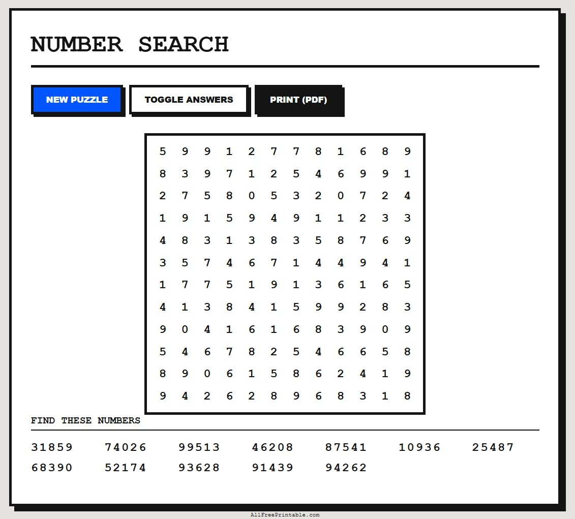 Free Number Search Generator Printable PDF Puzzle