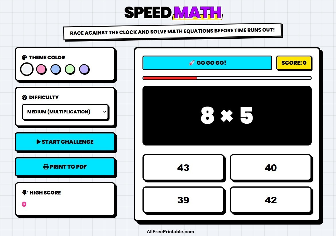 Free Speed Math Game Online + Printable Math Challenge PDF