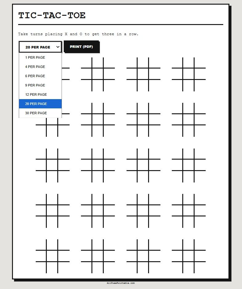 Free Tic Tac Toe Printable PDF – 1 to 30 Grids Per Page