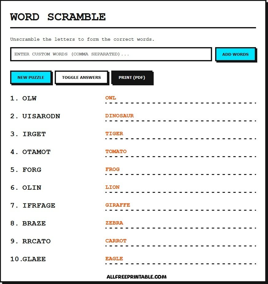 Free Word Scramble Maker + Printable PDF Worksheets