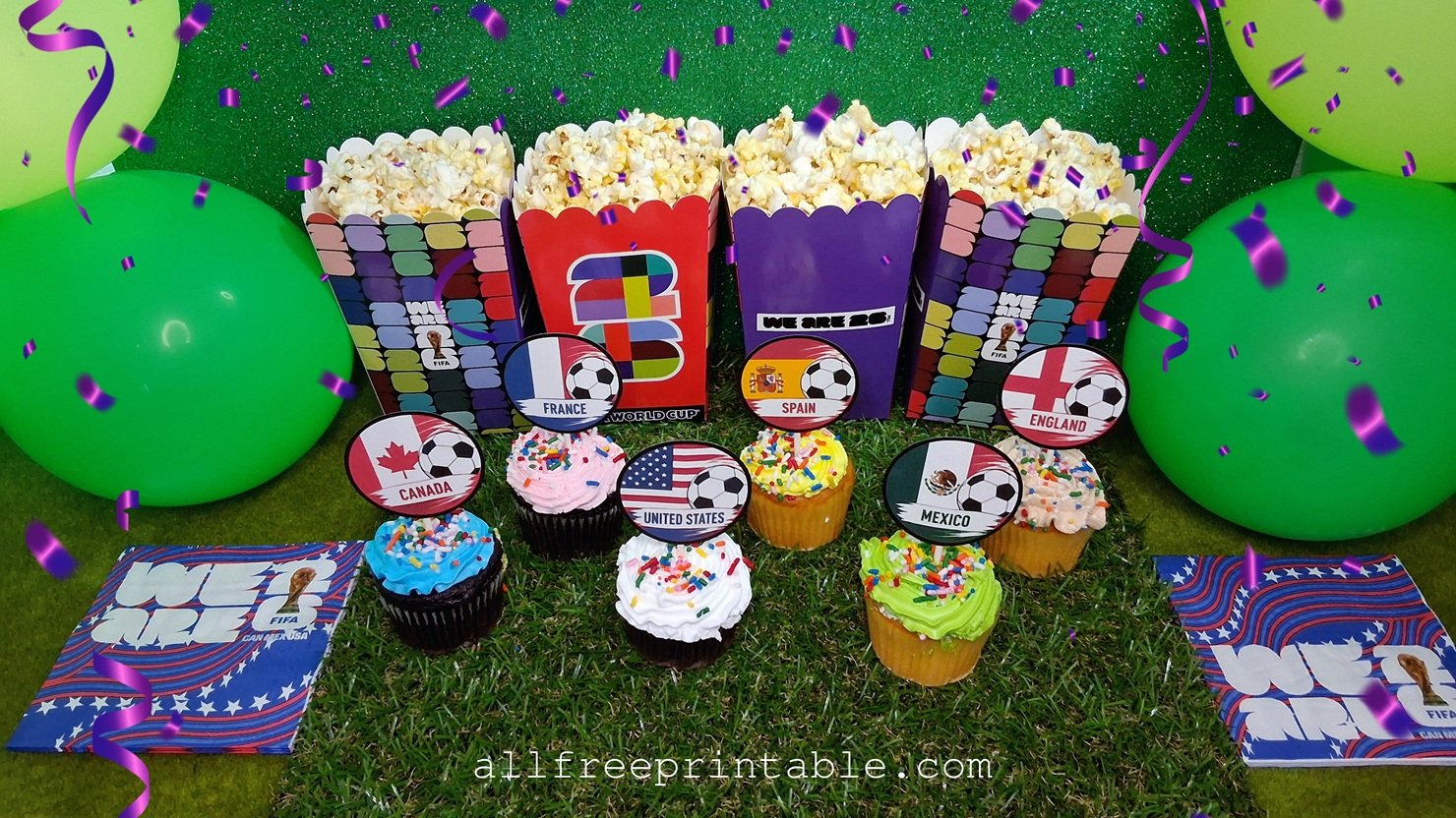 Soccer watch party cupcakes decorated with printable World Cup country flag cupcake toppers