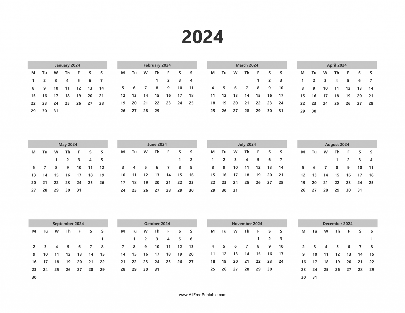 Print 2024 Calendar Yearly (Monday) – Free Printable