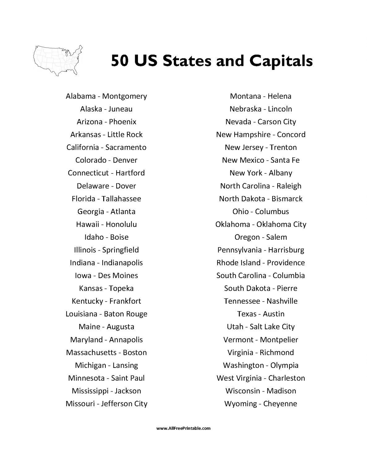 Print 50 States and Capitals List Free Printable